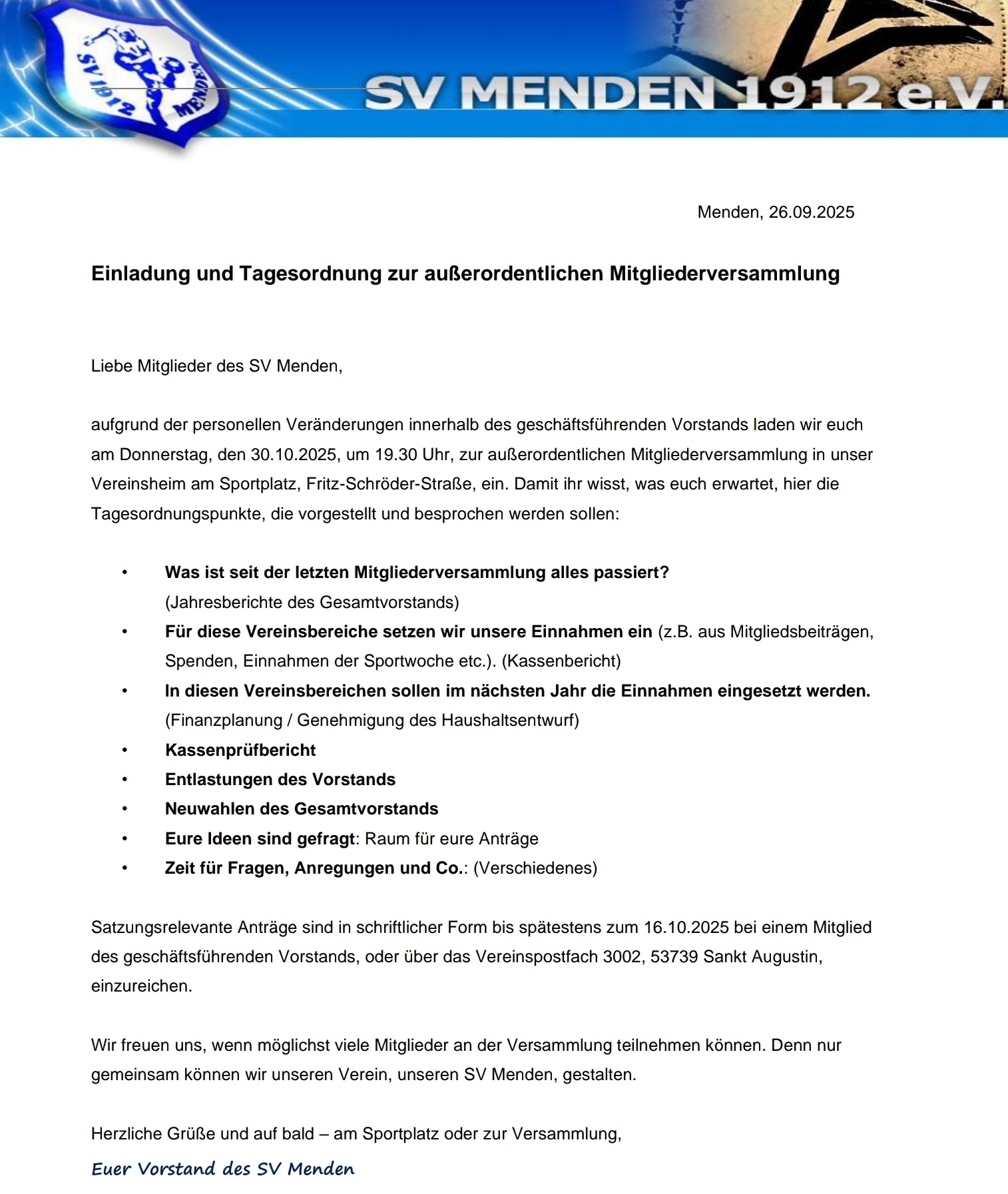 Einladung zur außerordentlichen Mitgliederversammlung am 30.10.2025
