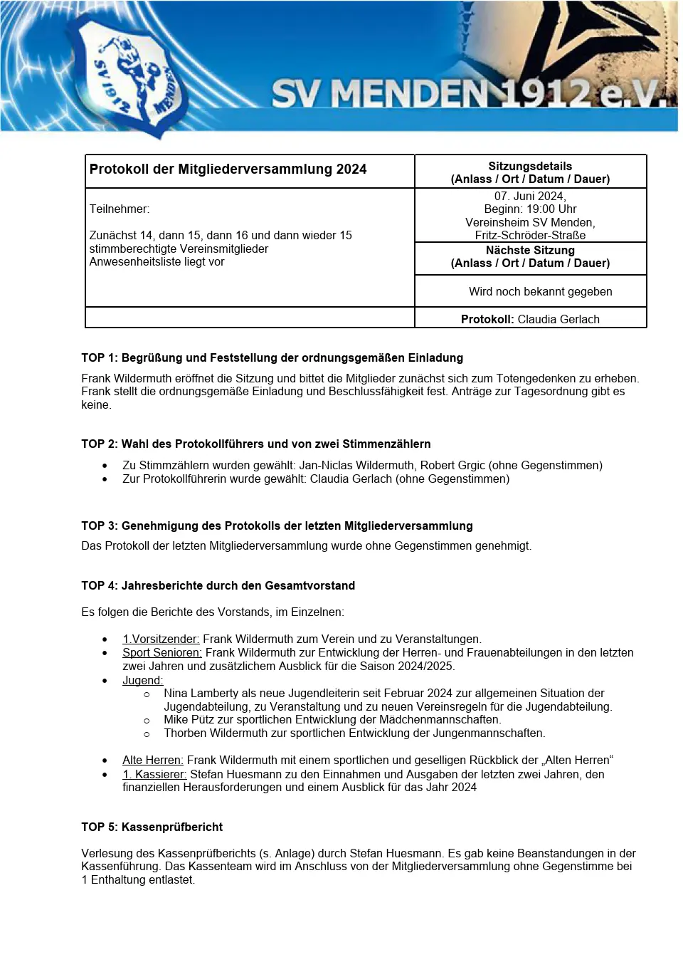 Protokoll der Mitgliederversammlung vom 07.06.2024 sowie der Kassenprüfbericht