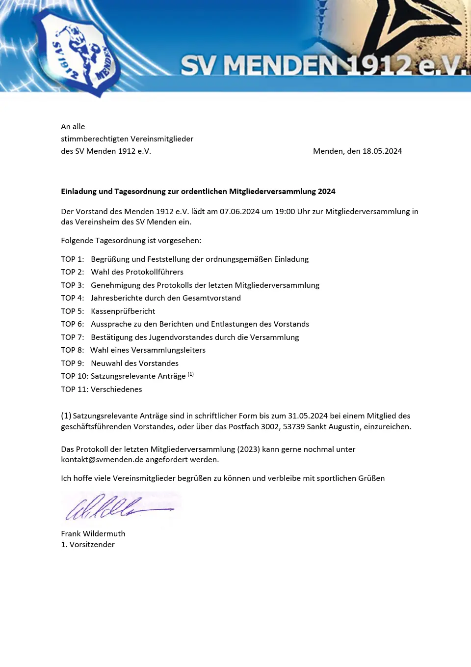Einladung und Tagesordnung zur ordentlichen Mitgliederversammlung am 07.06.2024