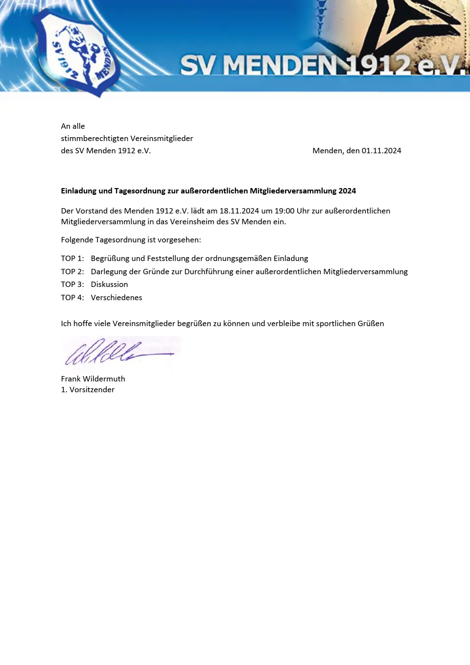 Einladung und Tagesordnung zur außerordentlichen Mitgliederversammlung am 18.11.2024